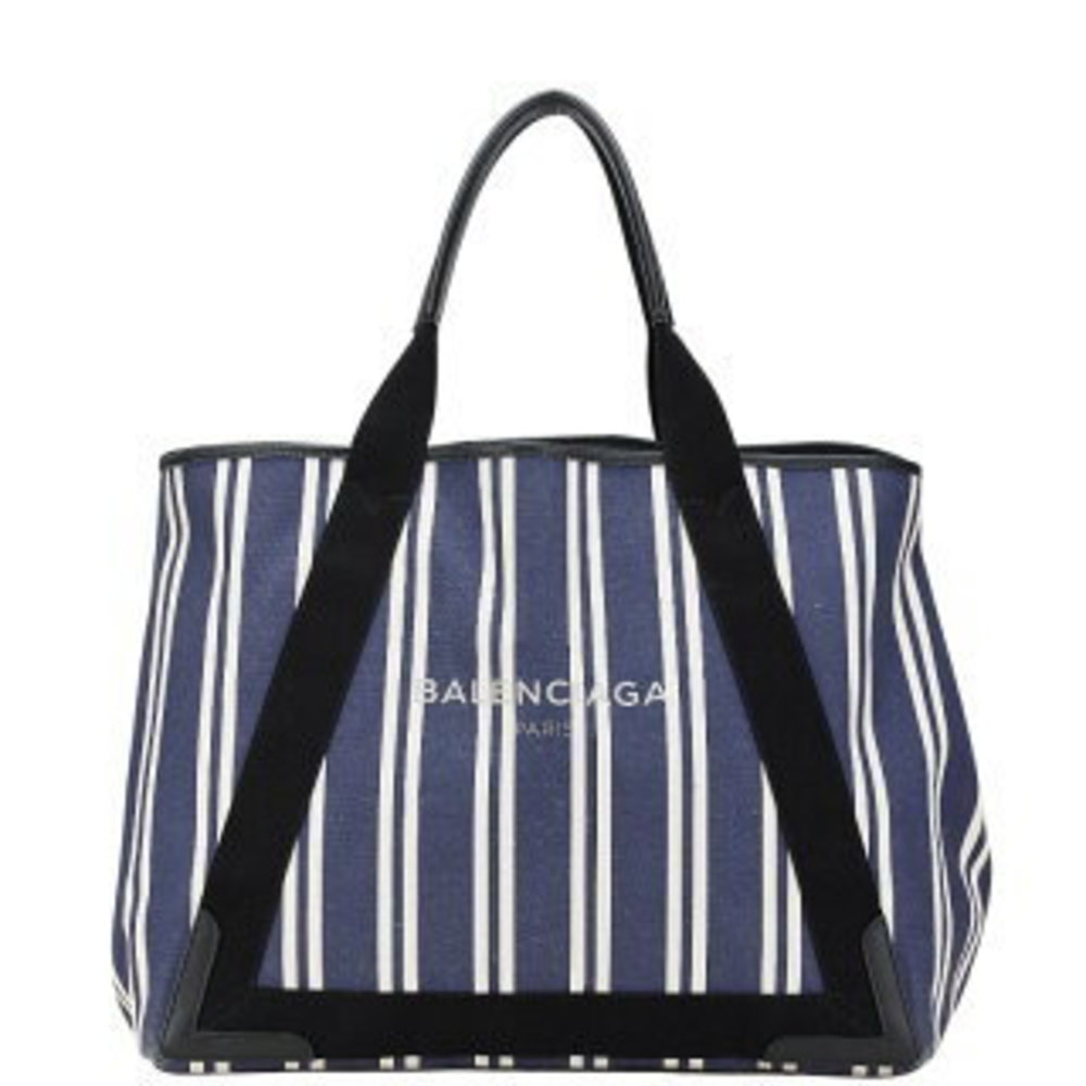 Balenciaga Navy Blue Cabas M Handbag Tote Bag White Canvas Leather s